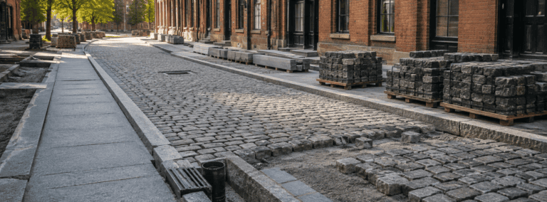Conceptual historic streetscape with restored granite cobbles, granite curbs and a smooth integrated path