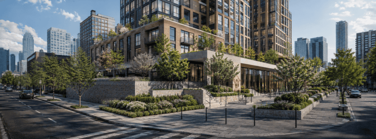 Conceptual Long Island City residential development with stone site walls, paved walkways and landscaped outdoor areas