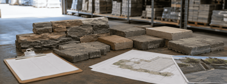 Conceptual giant chess knight built from pavers in a masonry warehouse beside an inventory-planning warning