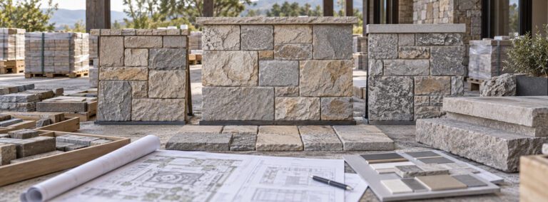 Tiny stone sample under a spotlight in front of a large varied natural-stone display.
