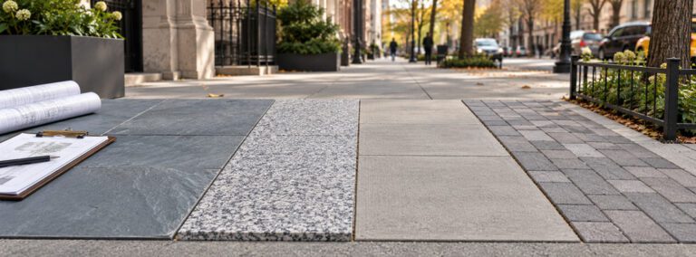 Conceptual stone sample stopped at an approval checkpoint before entering a New York streetscape.