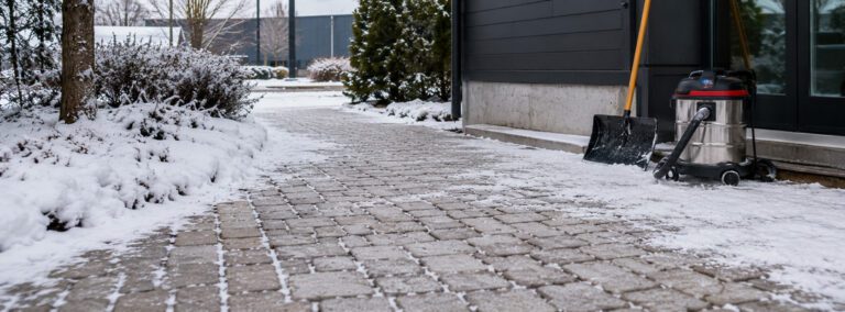 Permeable interlocking paver walkway prepared for winter snow maintenance