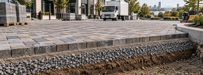 Conceptual elephant standing over a commercial paver assembly beside a light patio area.