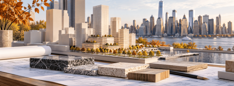 Conceptual mixed-use architectural massing model and planted public-space model beside stone samples and blank plans