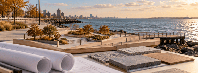 Conceptual coastal public-space model beside stone samples and blank plans with the sea in the background