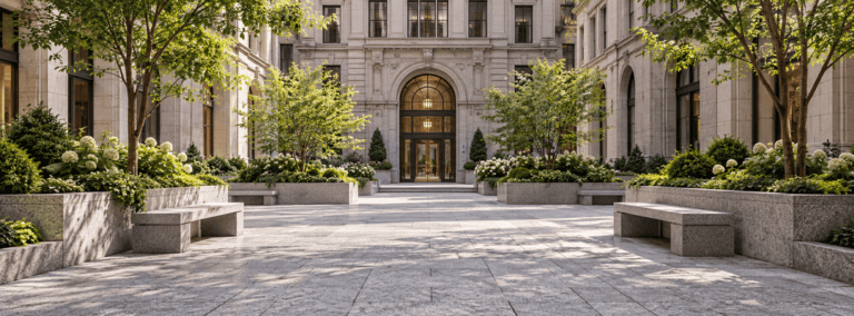 Conceptual stone-paved urban courtyard with benches and planting beside an open pedestrian entrance