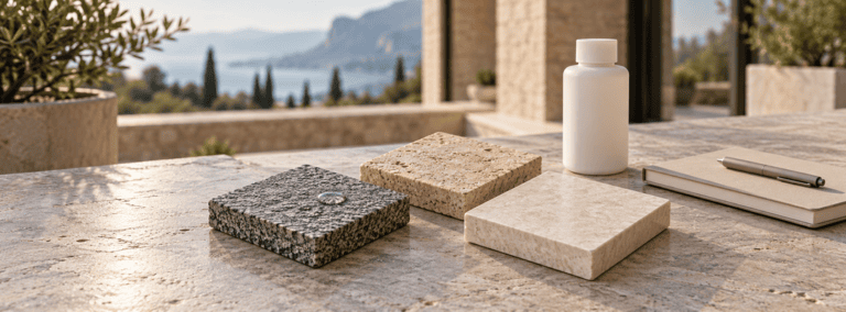 Natural stone finish samples beside an unbranded closed treatment bottle and blank notebook on an outdoor terrace table