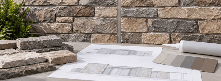 Manufactured stone veneer samples, plain elevation drawings and sealant chips beside a wall with a neat vertical joint