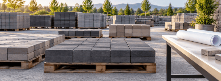 Orderly layers of concrete pavers on low timber pallets in a clean masonry staging yard beside blank plans