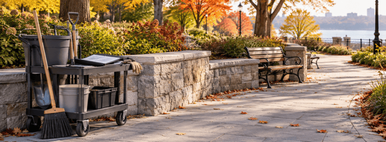 Conceptual neighborhood park with a stone seat wall, paved walk and neatly staged maintenance cart