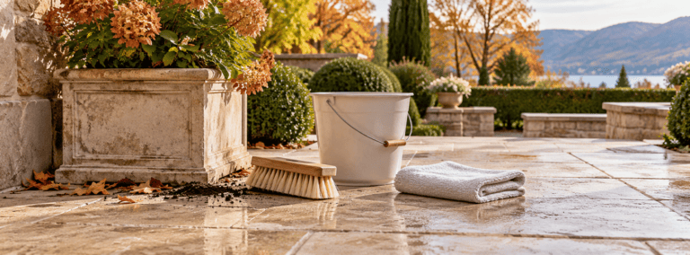 Outdoor limestone terrace with a soft brush, plain bucket and cloth beside a planter