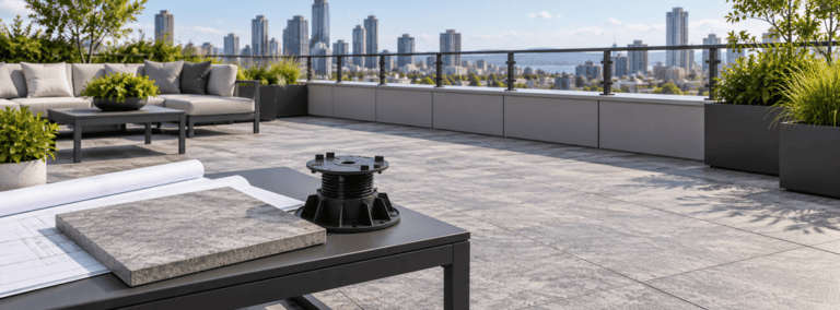 Conceptual enclosed rooftop terrace with gray paving and a table holding a paver and adjustable support sample