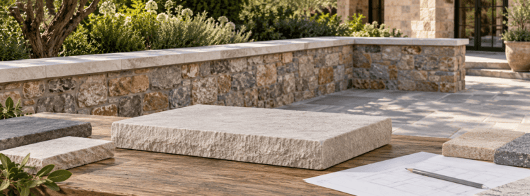 Natural-stone wall cap samples and blank shop drawings beside a finished low courtyard wall
